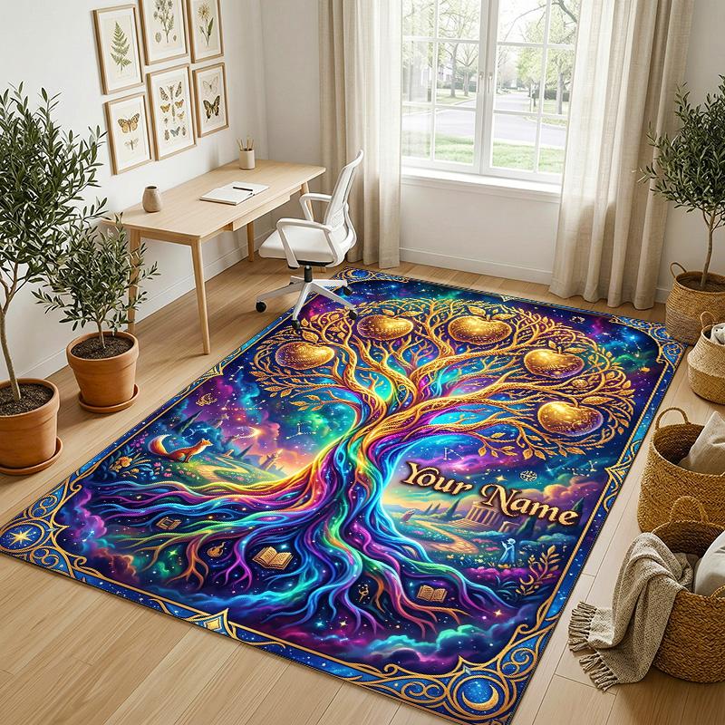 Tree Life Celestial Theme Soft Crystal Velvet Rug Custom Name & Text Print Non Slip Floor Rug for Bedroom Living Room