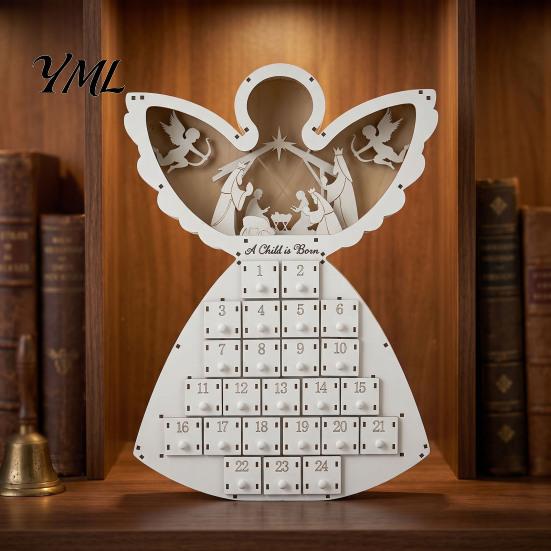 Wooden Advent Calendar with Drawers Angel Christmas 24 Storage Drawers, Countdown Organizer to Tabletop Decoration for Winter Holiday Party Favors