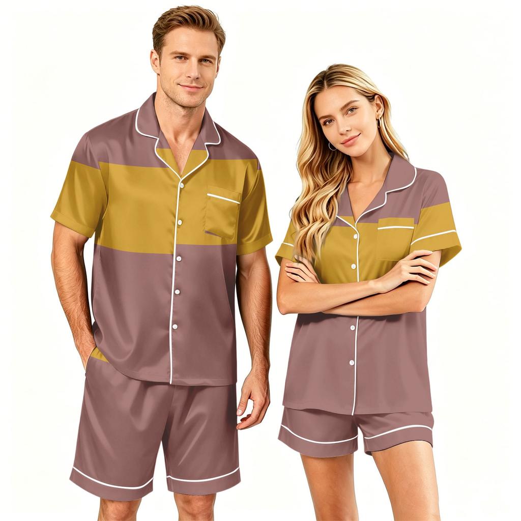 Couple Matching Pajama Set Short Sleeve Button Down Shirt with Hem and Shorts Set Soft Casual Loungewear S To XXXXL