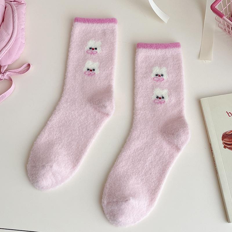 Australian Velvet Pink Fleece-Lined Women's Mid-Calf Cartoon Socks - Thick, Warm, and Fluffy Sleep & Floor Socks.