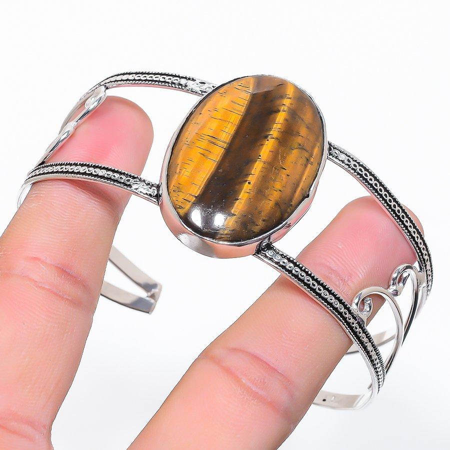 Tiger Eye Gemstone 925 Sterling Silver Cuff Bangle Adjustable