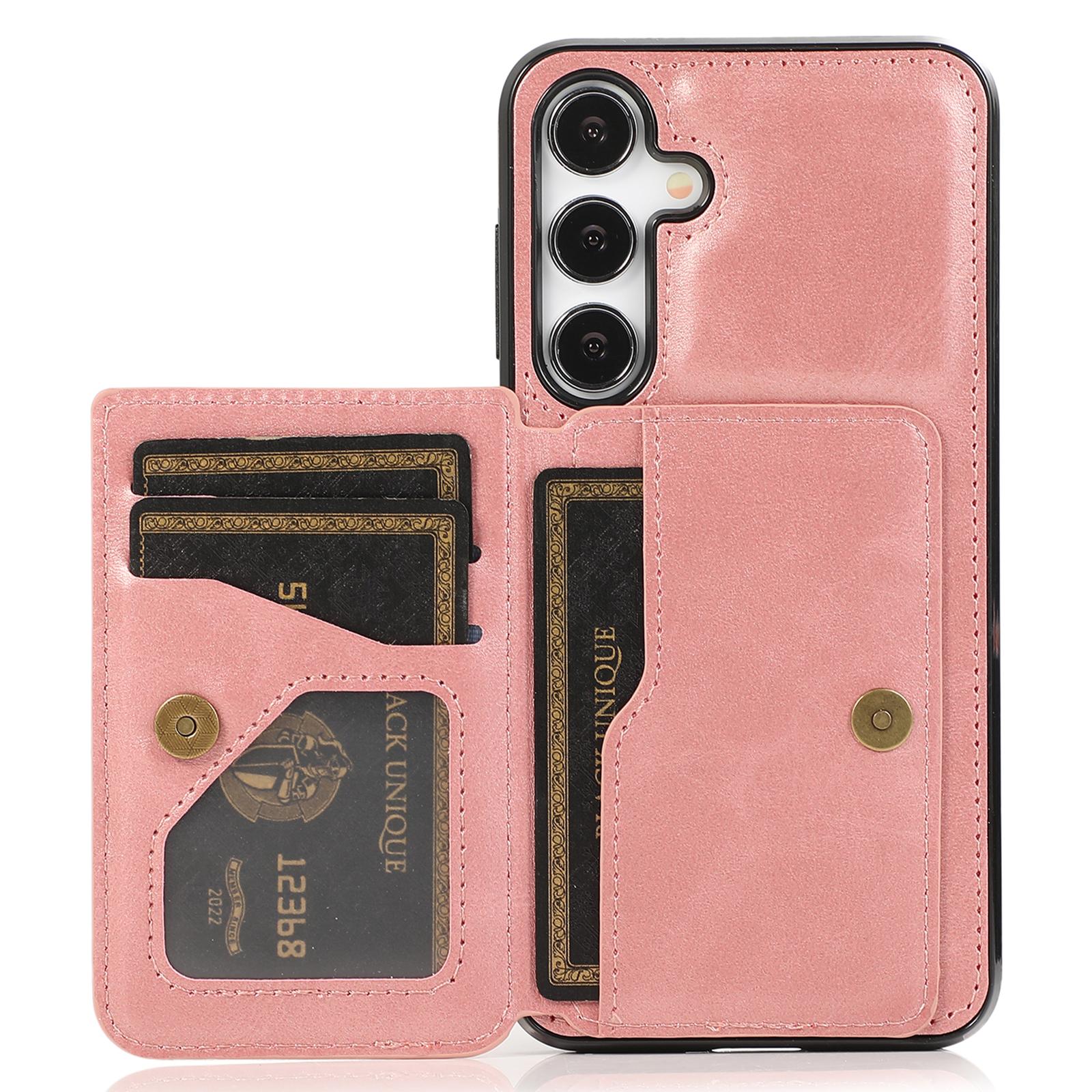 

For Samsung Galaxy S25/S24 Cell Phone Case with Card Holder PU Leather+TPU Kickstand Cover Rose Gold