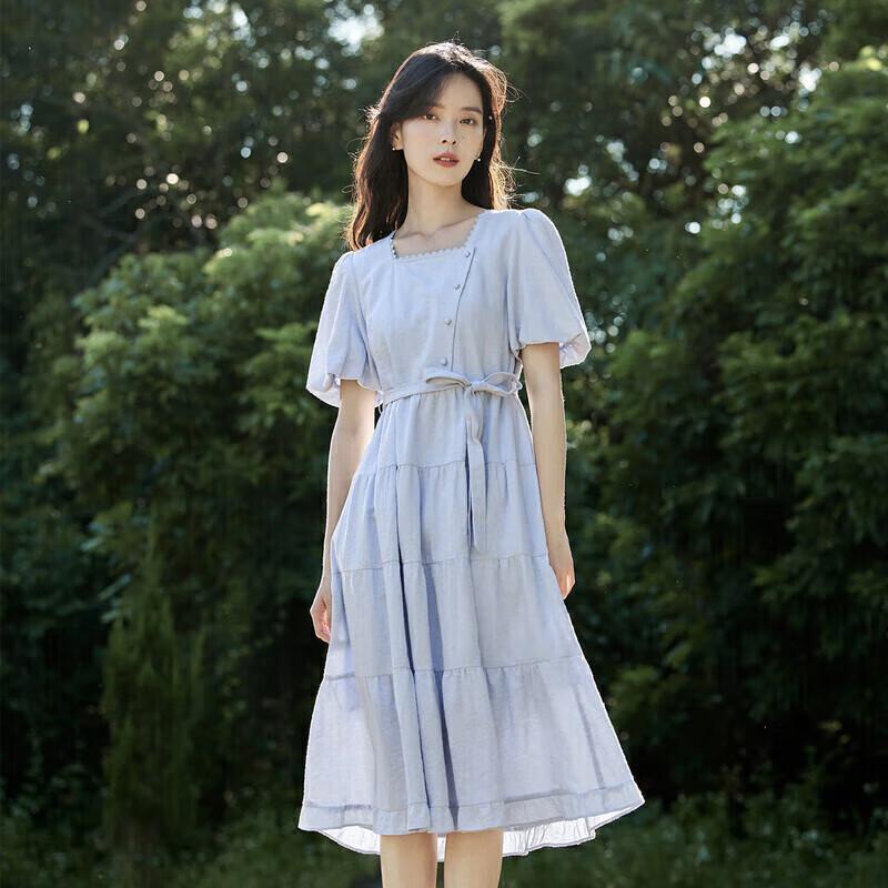 INMAN Summer French Jacquard Puff-Sleeve Square-Neck Dress M