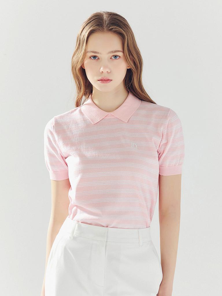 LORDLOAR Striped Round Neck Collar Knit Pink