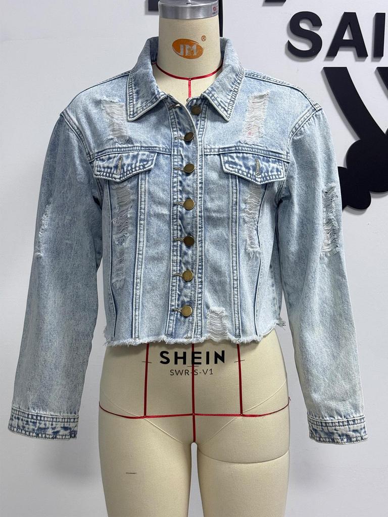 2026 Spring/Summer Women's Button Washed Ripped Raw Edge Denim Top