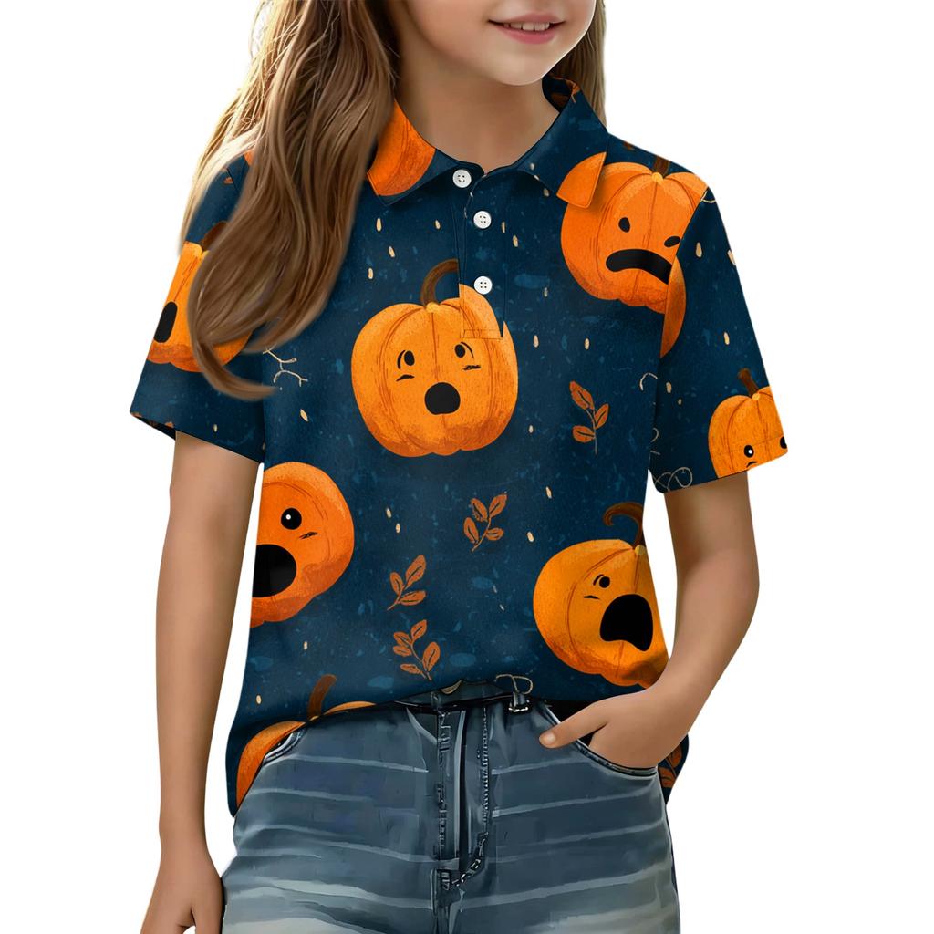 Kids Halloween Graphic Polo Shirt Casual Short Sleeve Tee with Button Collar Comfortable Fit for Boys and Girls
