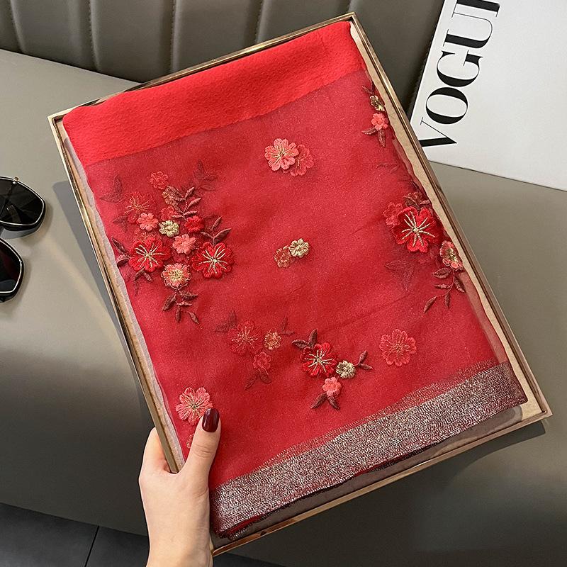 

Women Silk Feeling Scarf Floral Embroidery Hijab Female Foulard Thin Pashmina Shawls Wraps Bufanda Headscarf Stoles