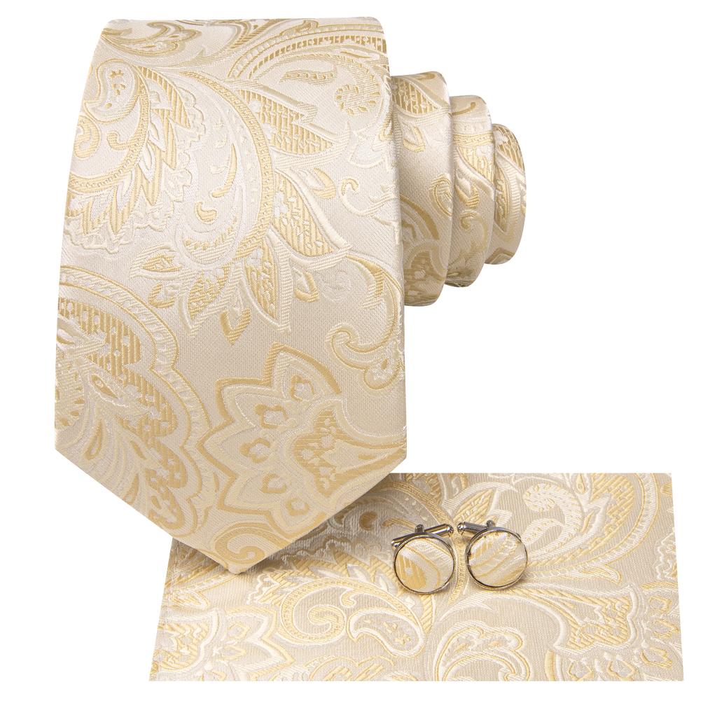 Hi-Tie Floreale Champagne Avorio Cravatta Elegante da Uomo Fazzoletto Gemelli per Smoking Moda Classica Seta Lusso Cravatta per Uomo