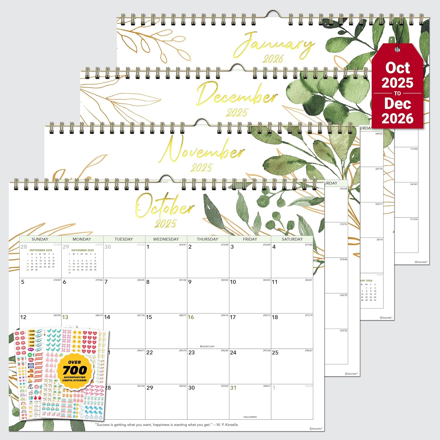 Decorably 18 Months Gold-Foiled Greenery Academic 18 Month 2025 Calendar Wall July 2025 to Dec 2026, 14.5x11.5in Spring-Bound Green Wall Calendar