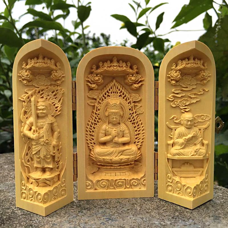 Boxwood Carved Western Shakyamuni Three Saints Guanyin Buddha Wooden Handicraft Ornament
