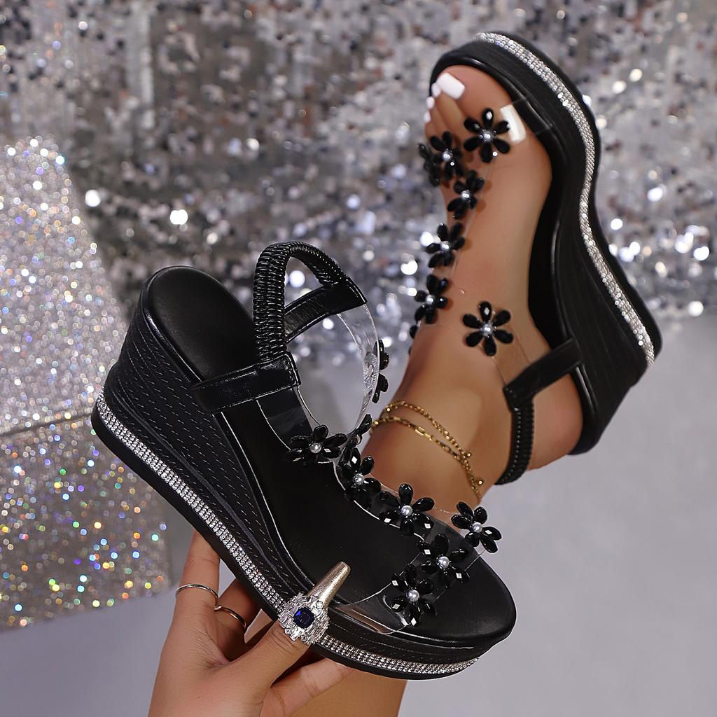 Women Sandals New Elegant Ladies Crystal Floral Sandals Women Summer 2026 Chunky Platform Wedge High Heeled Party Shoes Woman