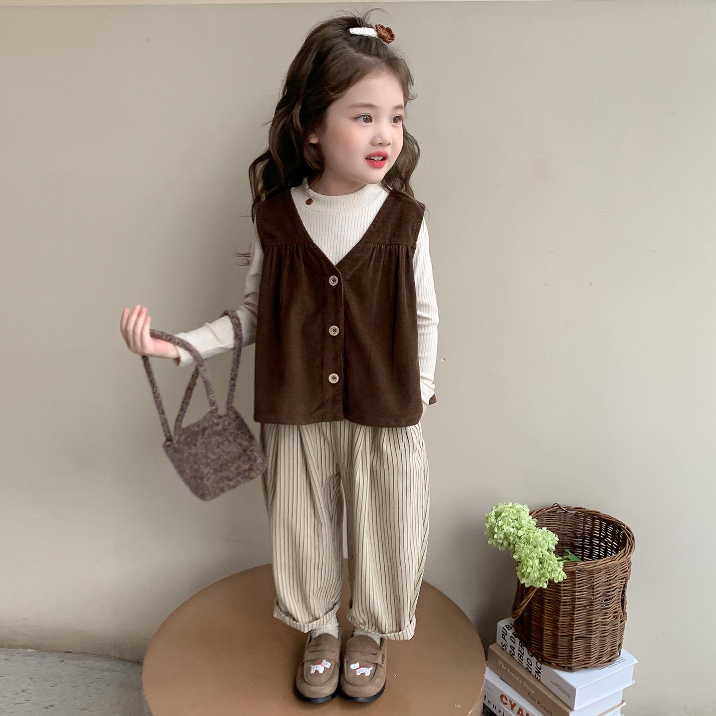 

2025 Trendy Girls Autumn Striped Shirt & Vest Three-Piece Set 120 cm кофейный