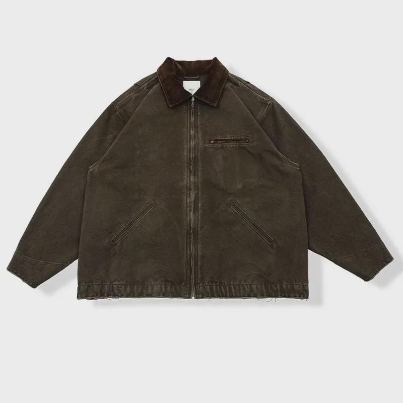 "Men's Vintage Detroit Workwear Jacket - Washed & Distressed Lapel, Loose Baseball Style for Spring & Autumn"