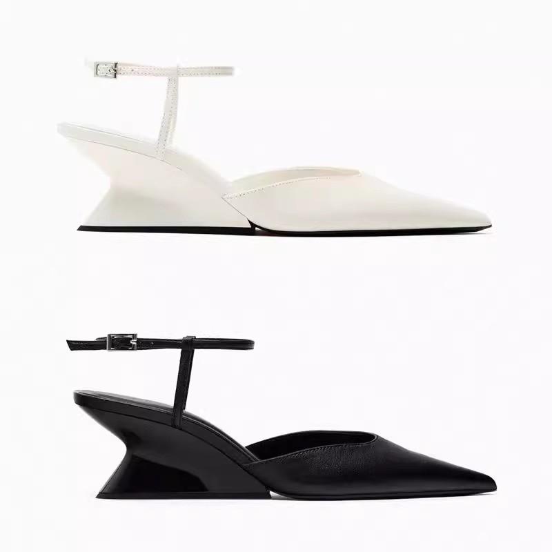 ZA2025 Summer New Women's Shoes Black Sheep Leather Wedge Heels Muller Shoes Pointed Head Shallow Mouth One-word Buckle Single Shoes