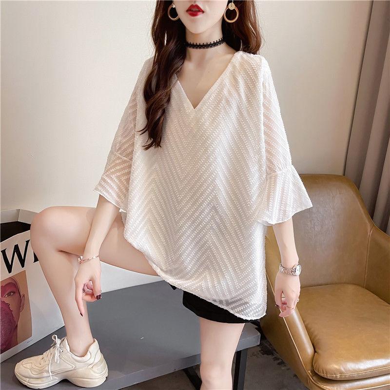 Dünnes Chiffon-Hemd für Damen Sommer Locker Temperament V-Ausschnitt Oberteil Halb Kurzärmelig