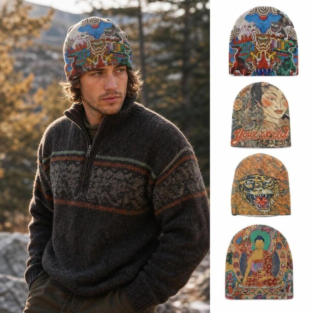 Warm Knit Brimless Skull Cap Elastic Graphic Knit Beanie Vintage Printed Beanie Hat  Outdoor Travel