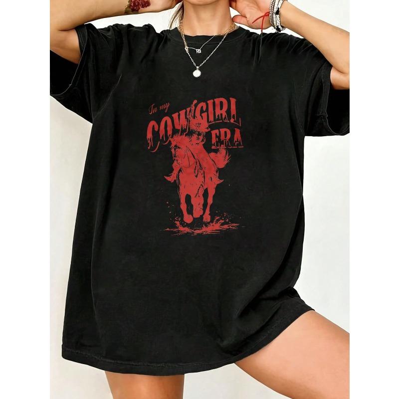 Oversized T Shirt Black Cowgirl Era Graphic Print With Horse And Text For Casual Wear And Western Style Outfits