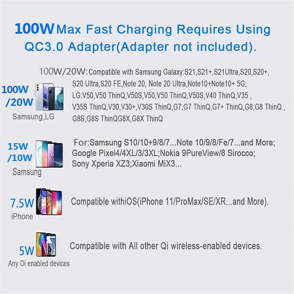 New 100W  Wireless Charger for iPhone 15 14 13 X XR XS Max 8 for Samsung S10 S20 Note10 20 Xiaomi  Phone