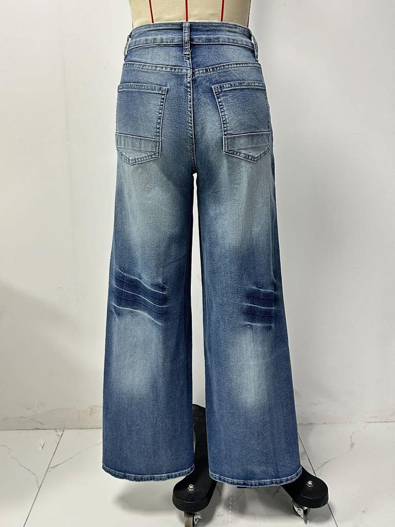 2026 Spring Women's High-Waisted Retro Wide-Leg Jeans - Washed, Faded, Loose, Straight, Floor-Length