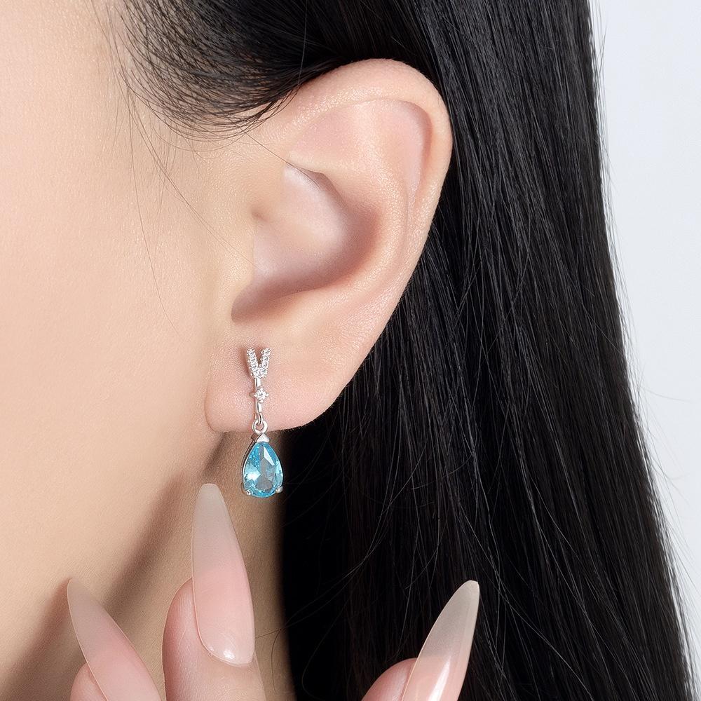 Elegant Female Blue Zircon Charm Silver Color Water Drop Letter V Stud Earrings For Women Vintage Wedding Jewelry