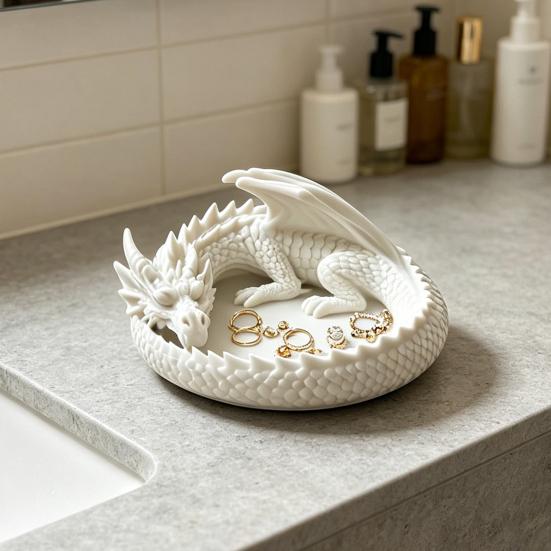 3D Printed Fantasy Dragon Jewelry Tray, Gothic Winged Dragon Desktop Organizer, Mythical Dragon Figurine Key Bowl for Bedside Nightstand, Home Decor