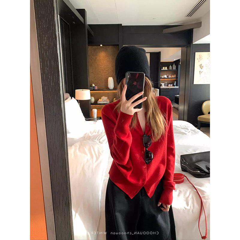 Dámský červený pletený kardigan s dlouhým rukávem Ancola - korejský styl, volný střih pro raný podzim