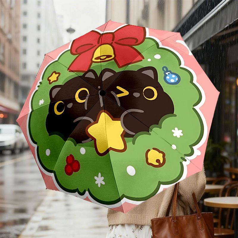 Christmas Cat Wreath Umbrella: A Festive, Auto-Opening Protection for Outdoor Adventures and Travel Gifts 050