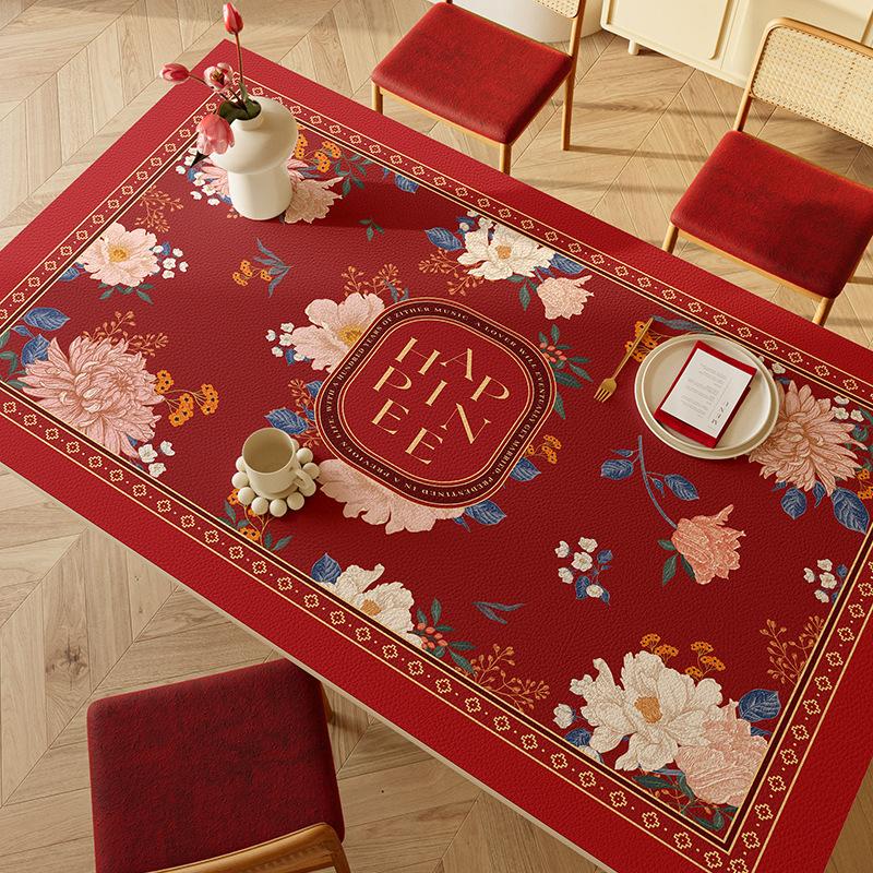 Red Festive Wedding Leather Table Mat Atmosphere Leather Tablecloth Engagement Leave-In Table Mat Rectangular Table Mat 40*60cm