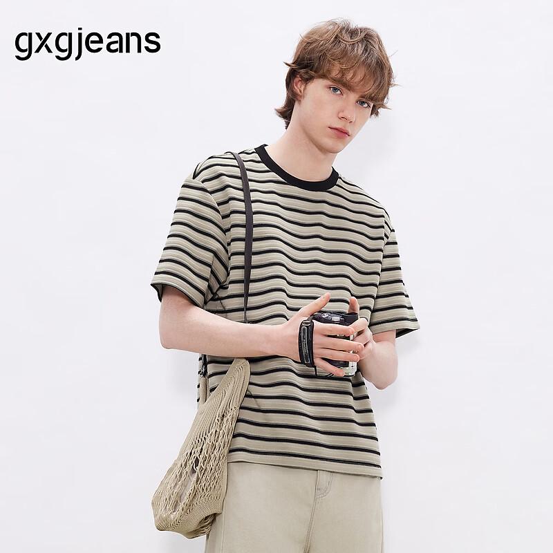 GXGJEANS Men s Color-Block Striped Loose-Fit Round-Neck T-Shirt L