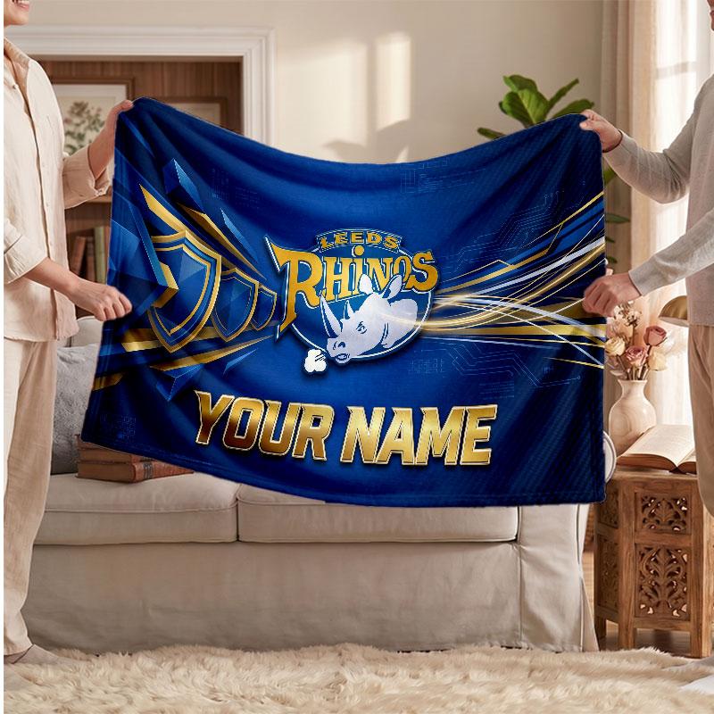 Leeds Rhinos Flannel Blanket, Custom Name Text Personalized Soft Throw Blanket Home Decor Gift