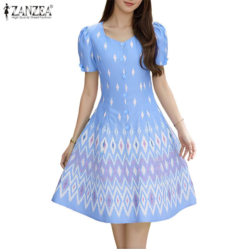 ZANZEA Women Casual Sweetheart Neck Summer Short Sleeve Print Dress