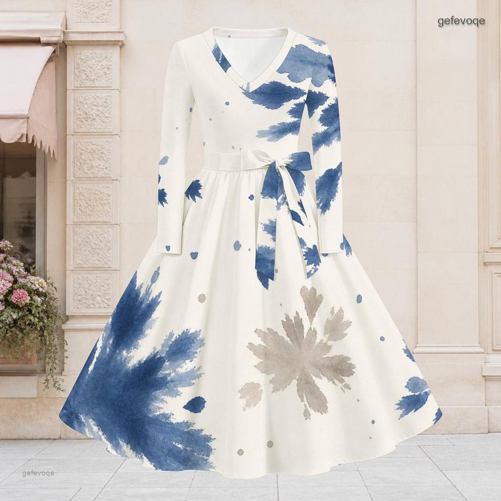 Women Plus Size V Neck Long Sleeve Blue White Printed Denim Patchwork A Line Dress With Belt