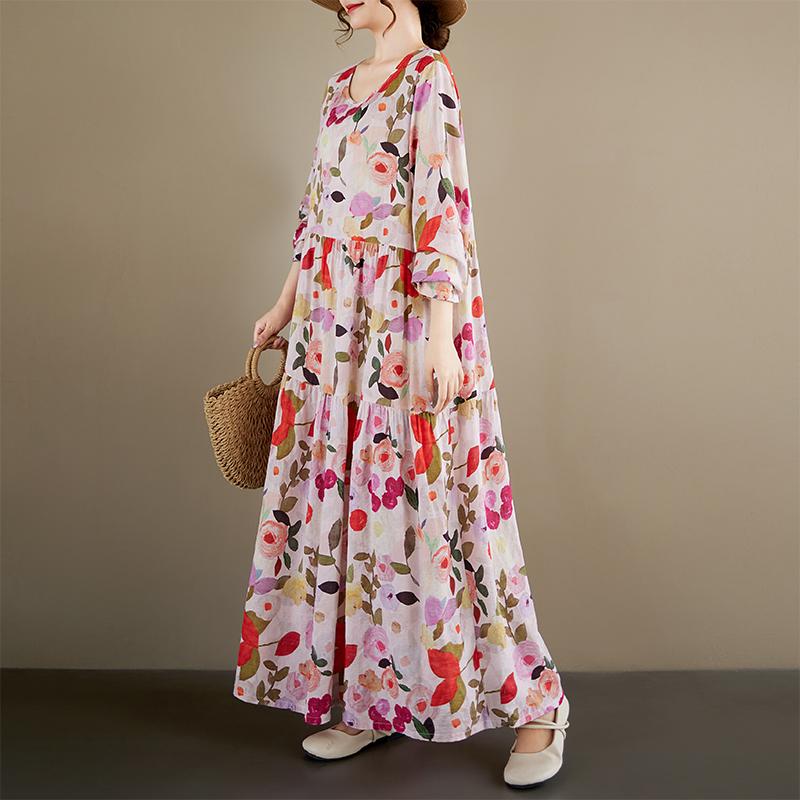 DIMANAF New 2026 Women Plus Size Spring Summer Beach Long Dress Elegant Lady Loose Oversize Maxi Floral Print