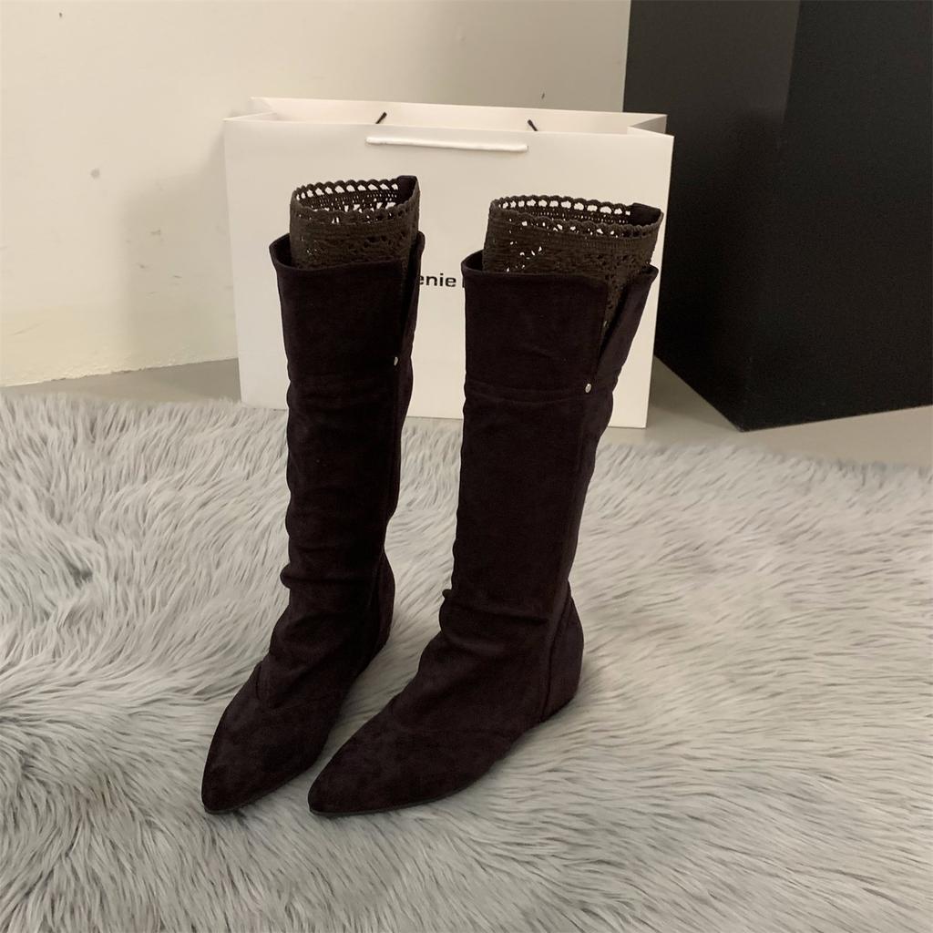 Inner Heightening Pointed Lace Pile Boots Boots Women's Boots 2025 Fall/Winter Suede Brown Maillard Boots