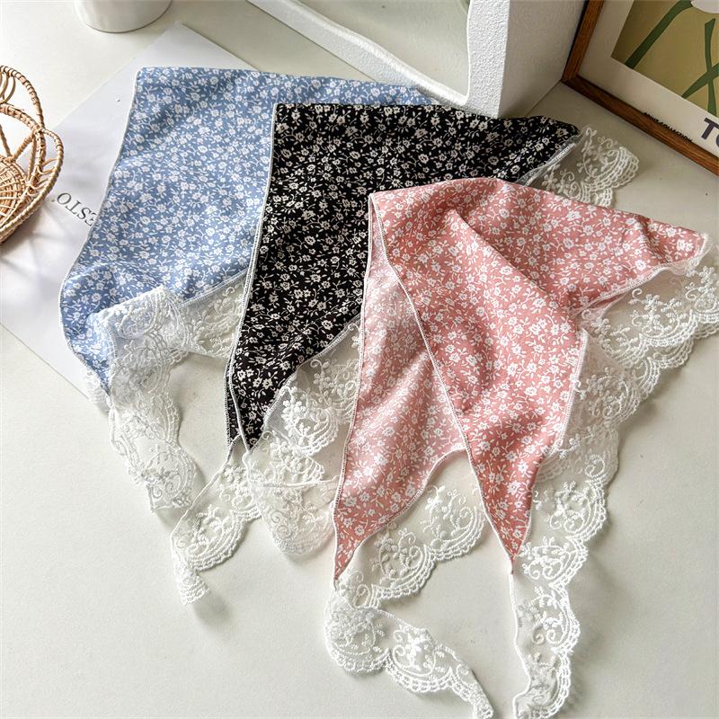 Spring Summer Floral Head Scarf with Decorative Lace Edge for Women Daily Wear Breathable Versatile Fashion Accessory