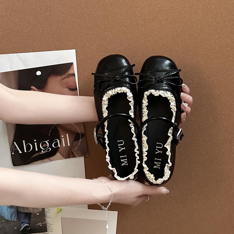 Bow Thick Heel Lace Mary Jane Women's Shoes Summer Fashion French Ballet Shoes Leather Shoes Small Single Shoes Women's Shoes