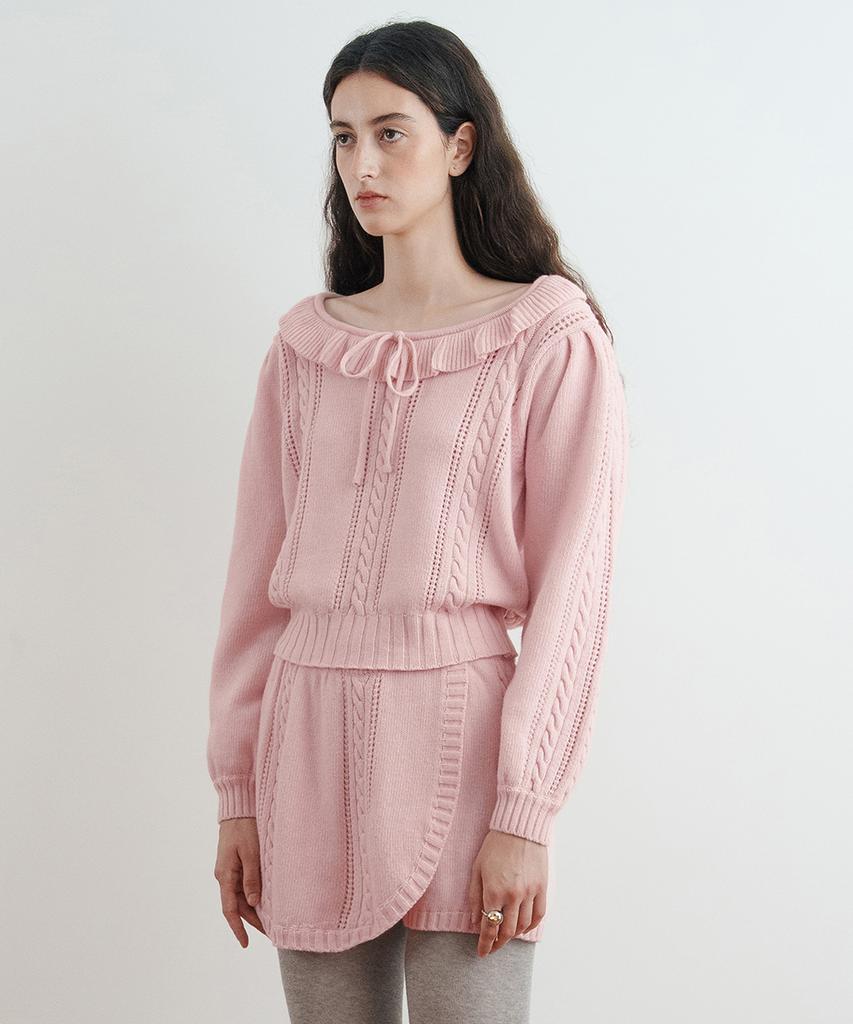 SINOON Ruffle Cable Knit Pullover (Pink)