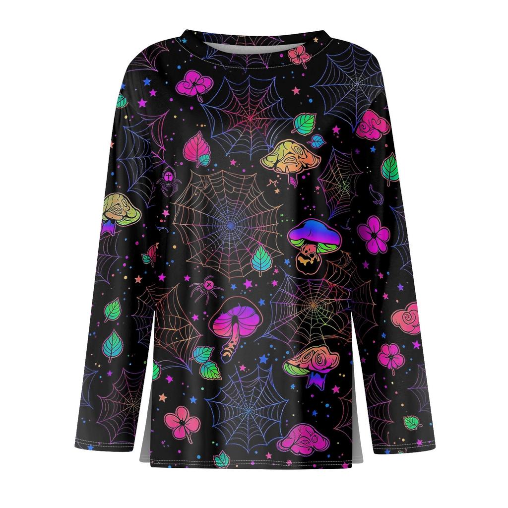 Women's Long Sleeve Round Neck Top with Halloween Print and Side Split Hem