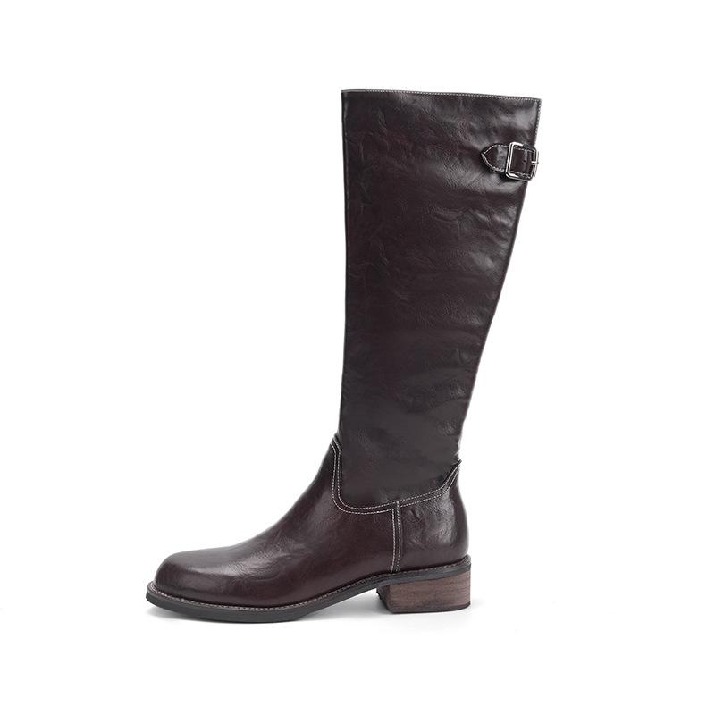 Washed horse leather side zipper increased by 5cm thick heel but knee medium and high boots for women, leather retro knight boots for women