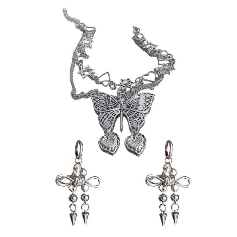 Stylish Women Accessory Double Layered Thistle Chain Necklace and Earring Handmade Punk Rock Accessories for Party 1