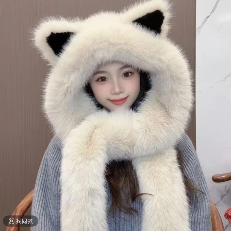 Thickened plush fox ears hat women's scarf gloves integrated season cold and warm neck protection show small face