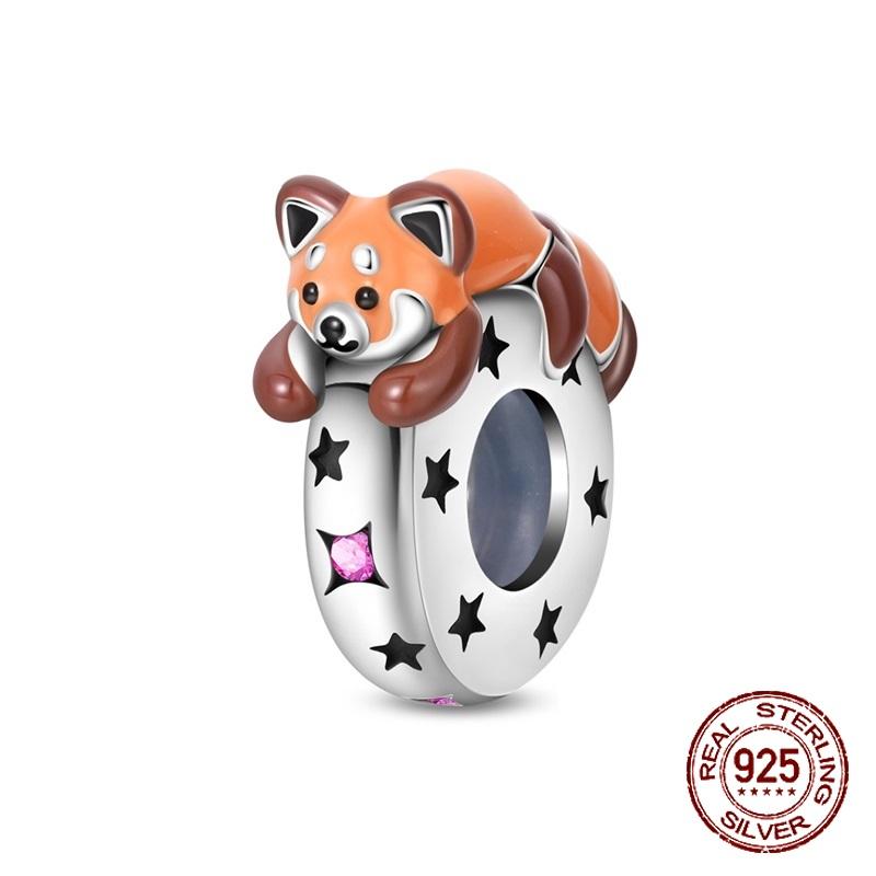 

925 Silver Hypoallergenic Cute Raccoon Charm Bead Star Inlaid Fit Necklace Bracelets Jewelry Gift for Women
