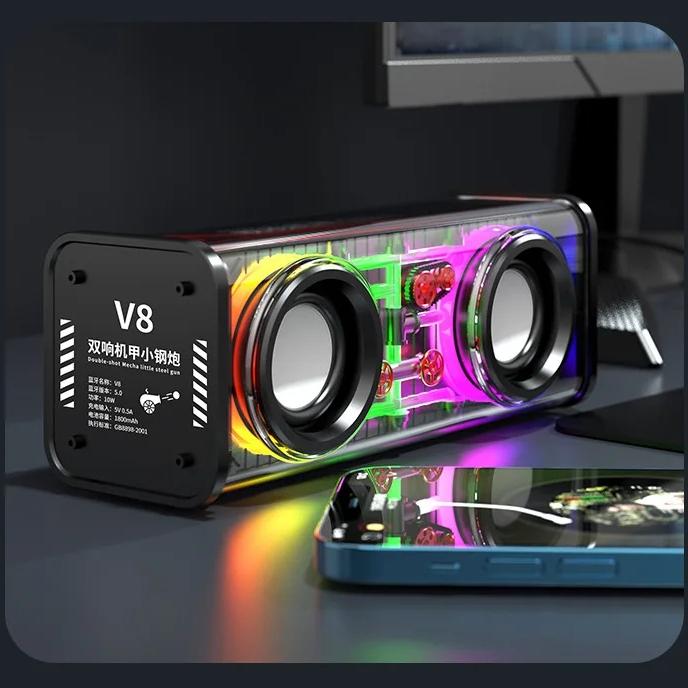 Transparent Mecha Speakers Bluetooth 5.0 Wireless Double Bass Diaphragm Subwoofer Music TWS RGB Light Mini Party Loudspeaker