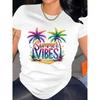European Size Women's Plus Size White Tropical Palm Tree & Summer Vibes Graphic T-Shirt - Relaxed Fit Round Neck Short Sleeve