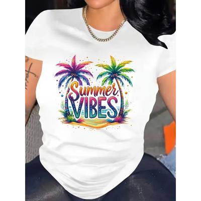 Europeisk storlek Dam Plus Size Vit Tropisk Palm och Sommarvibbar Grafisk T-shirt - Avslappnad Passform Rund Hals Kort Ärm