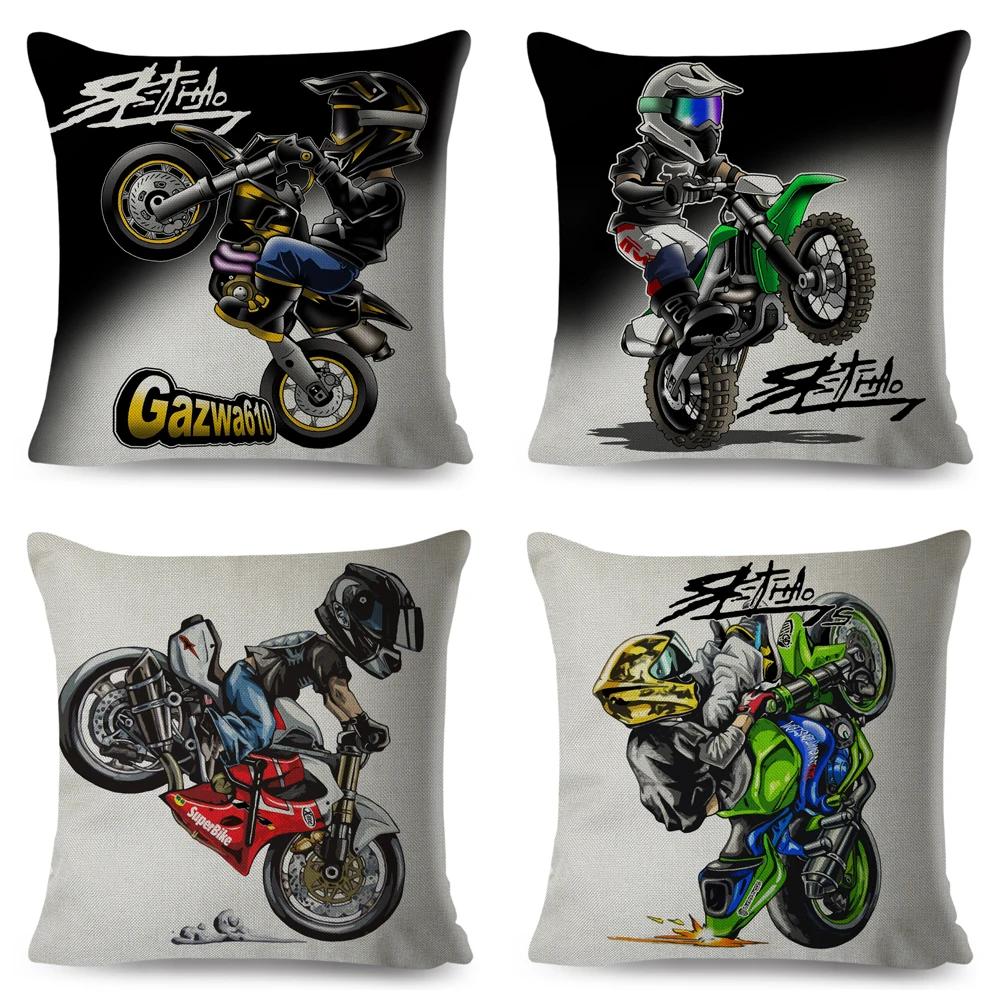 Kissenbezug mit Cartoon-Sportmotorradmotiv, farbenfroher, extremer Motorrad-Kissenbezug für Sofa, Zuhause, Auto, 45 x 45 cm