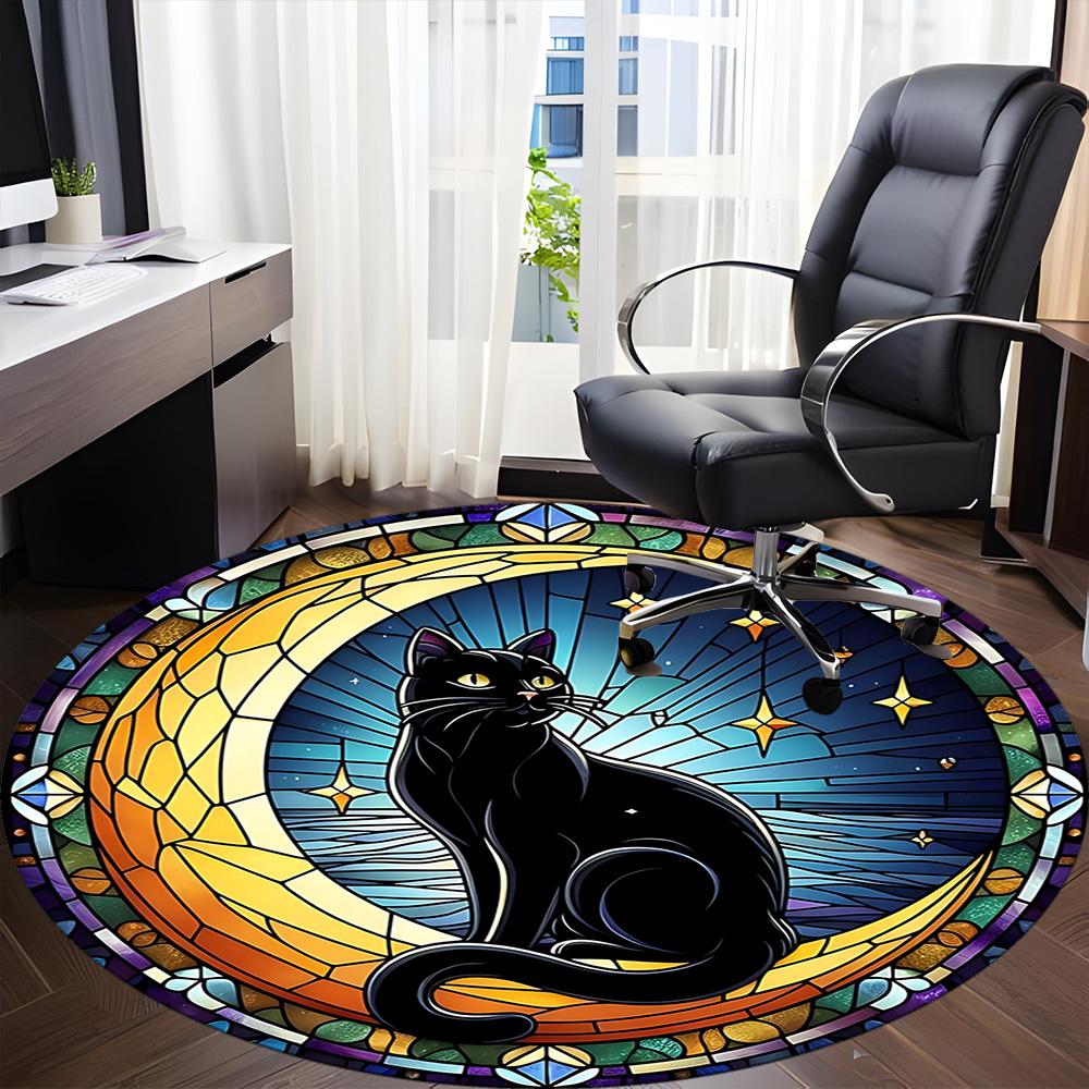 1pc Stained Glass Cat Office Round Area Rug, Mat Suitable For Office, Under Office Chairs Bedroom Living Room Home Decor, Room Deco