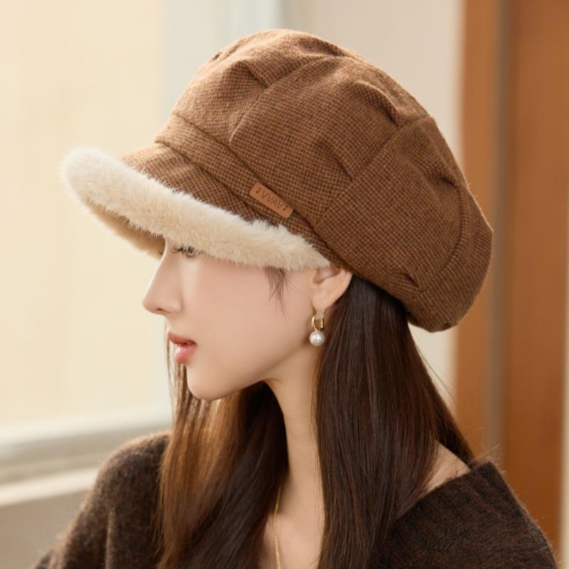 Autumn and Winter Women's Plaid Beret Casual Cold and Warm Windproof Velvet Thickened Octagonal Hat