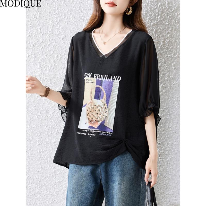 MODIQUE Spring Summer Plus Size New Women Loose Fashion Print Blouse Shirts Female Casual Oversize Short Sleeve V-Neck Top Basic White