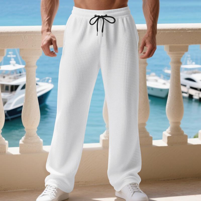 Mens Waffle Knit Straight Leg Drawstring Casual Pants S белый